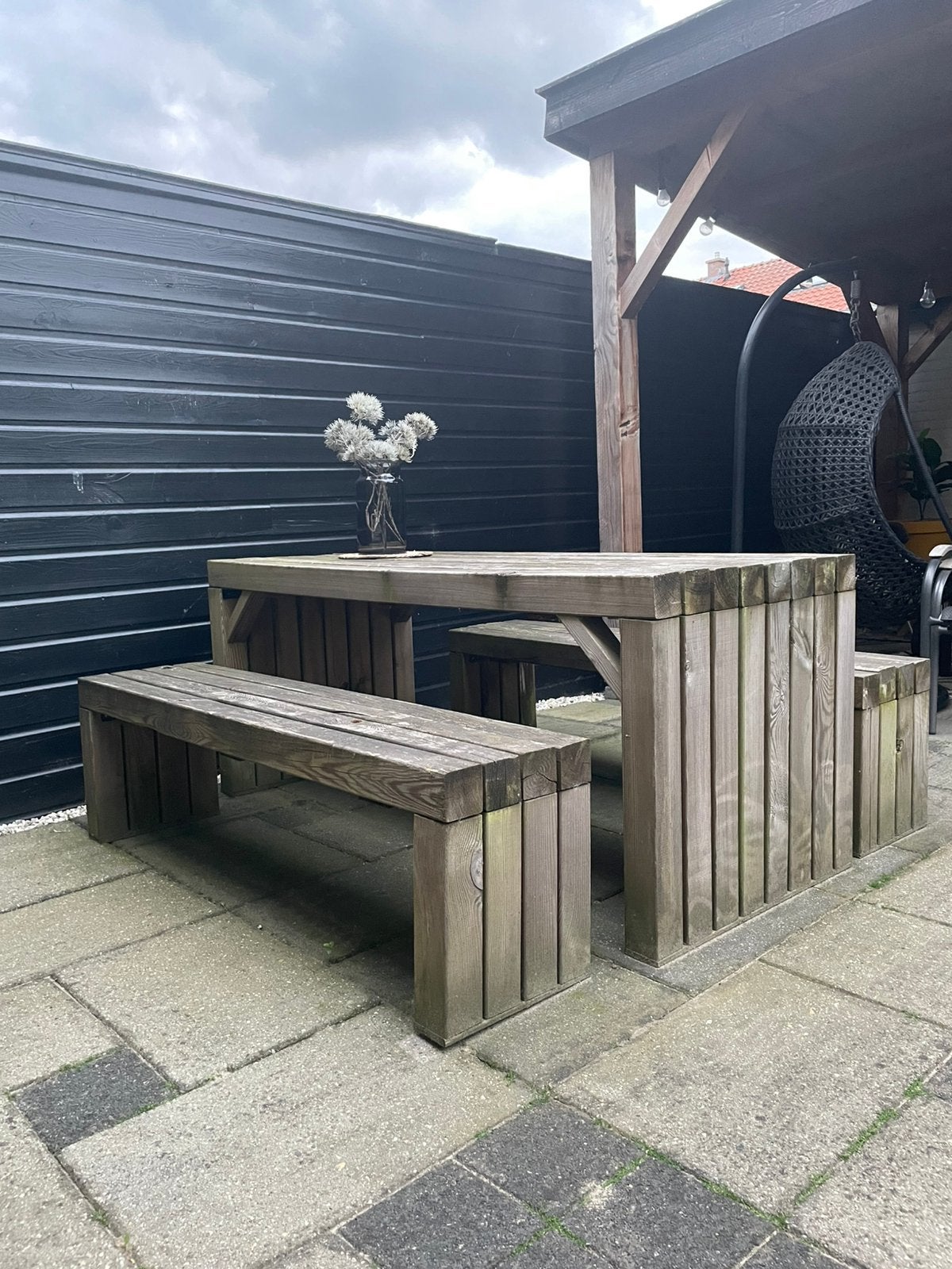 Houten tuinset met 2 banken, Ophalen, Gebruikt, 6 zitplaatsen, Bank