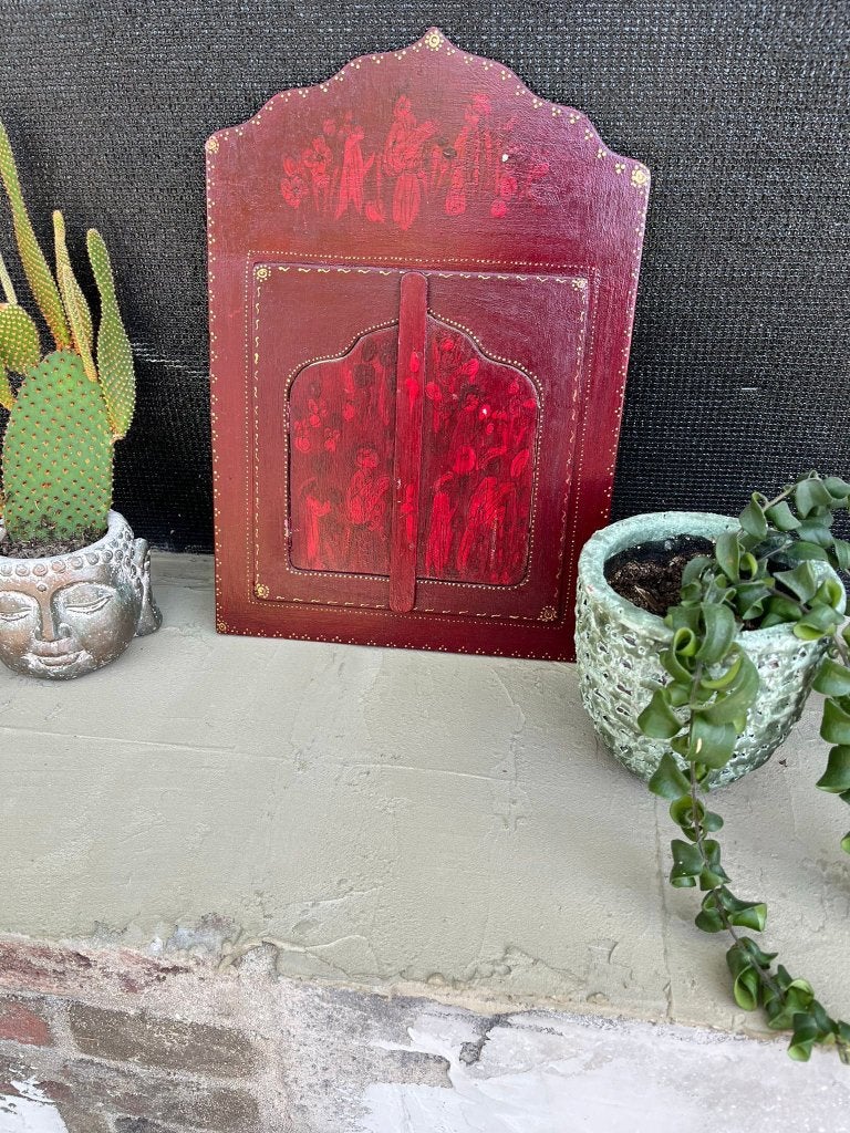 Marokkaans handbeschilderd houten luik spiegel arabisch 39cm, Gebruikt, Ophalen of Verzenden, https://verburgtvintage.nl/#contact