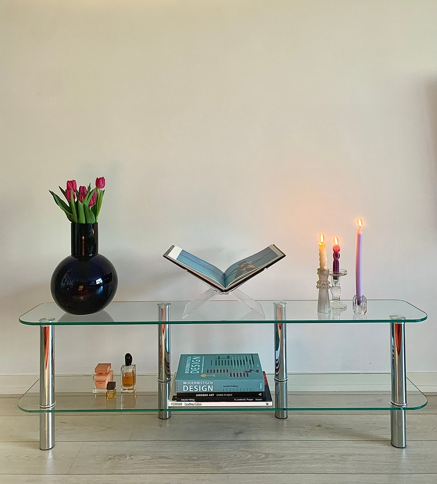 Glas en chrome low board, Ophalen, 150 tot 200 cm, Ovaal, 25 tot 50 cm