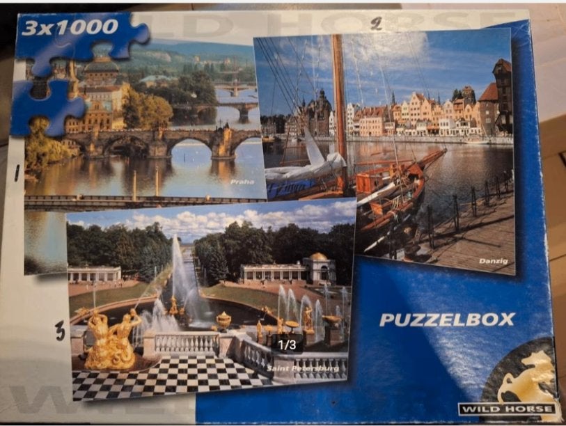 3 in 1 puzzelbox steden a 1000 stukjes h, Hobby en Vrije tijd, Denksport en Puzzels, Ophalen of Verzenden, 500 t/m 1500 stukjes