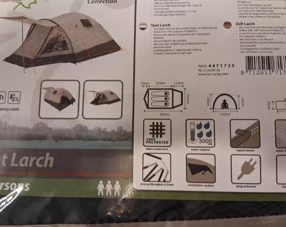 Bo-Camp Tent Larch 3 Personen - Nieuw, Caravans en Kamperen, Tenten, Ophalen of Verzenden, Nieuw, Tot en met 3