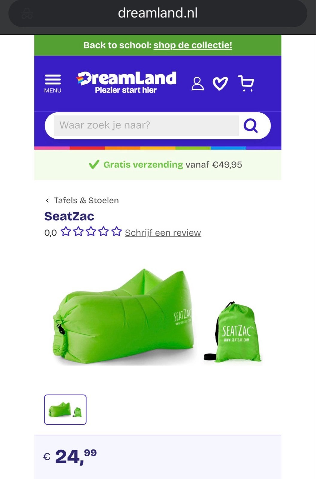 KOOPJE! Bijna nieuwe SeatZac opblaasbare zitzak - Groen, Ophalen of Verzenden, Zo goed als nieuw, Groen, Zitzak