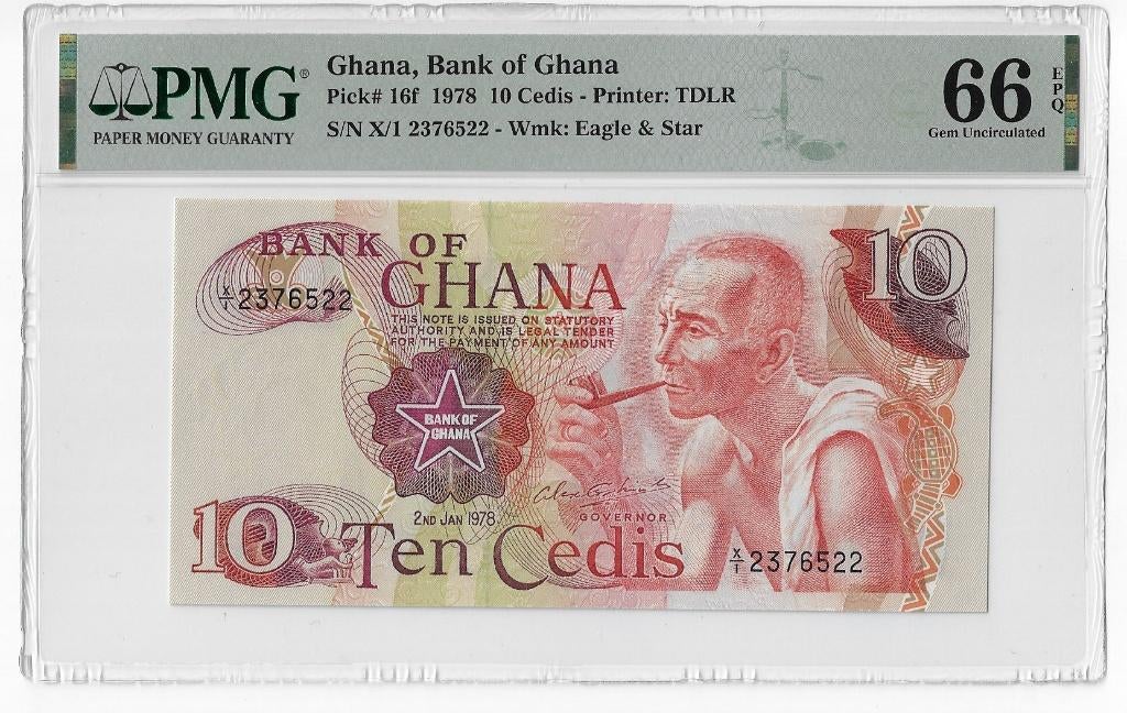 Ghana 10 Cedis 1978 Unc PMG 66 EPQ, Ophalen of Verzenden, Overige landen, Los biljet