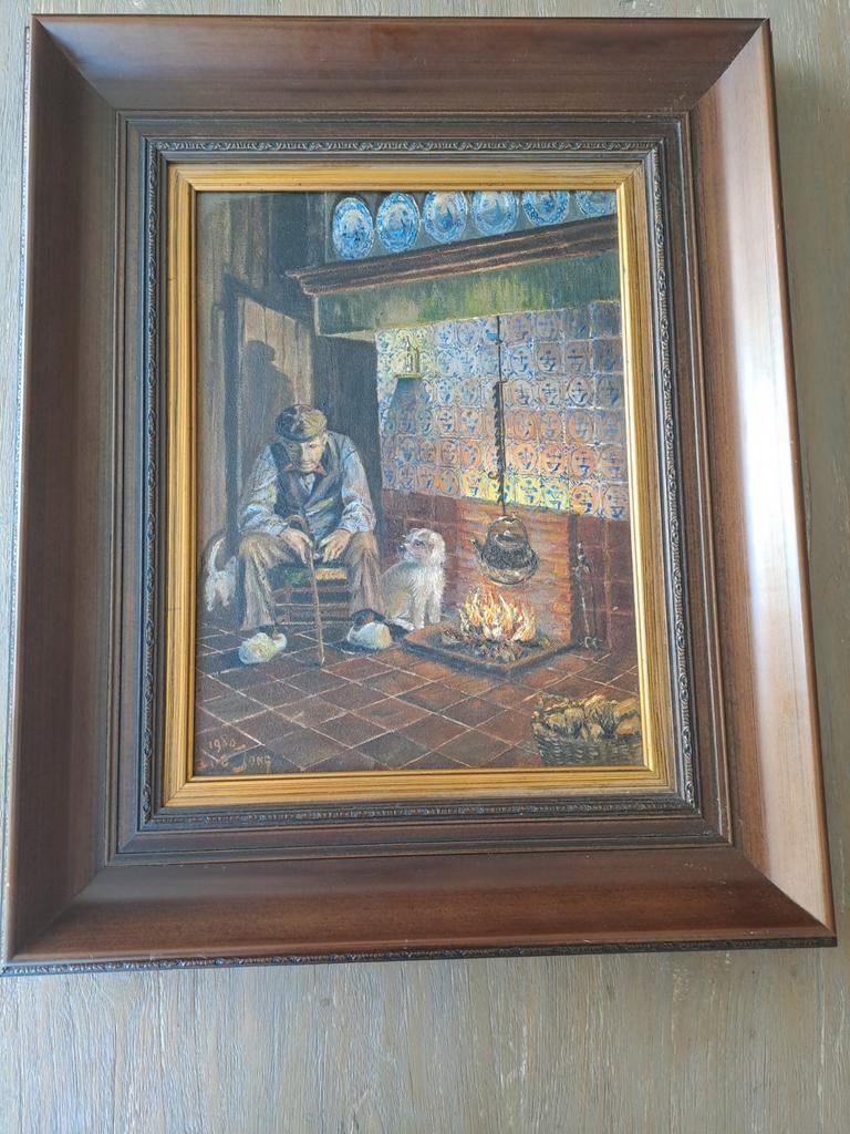 Schilderij B. De Jong (1980) - Interieur met man en dieren, Ophalen