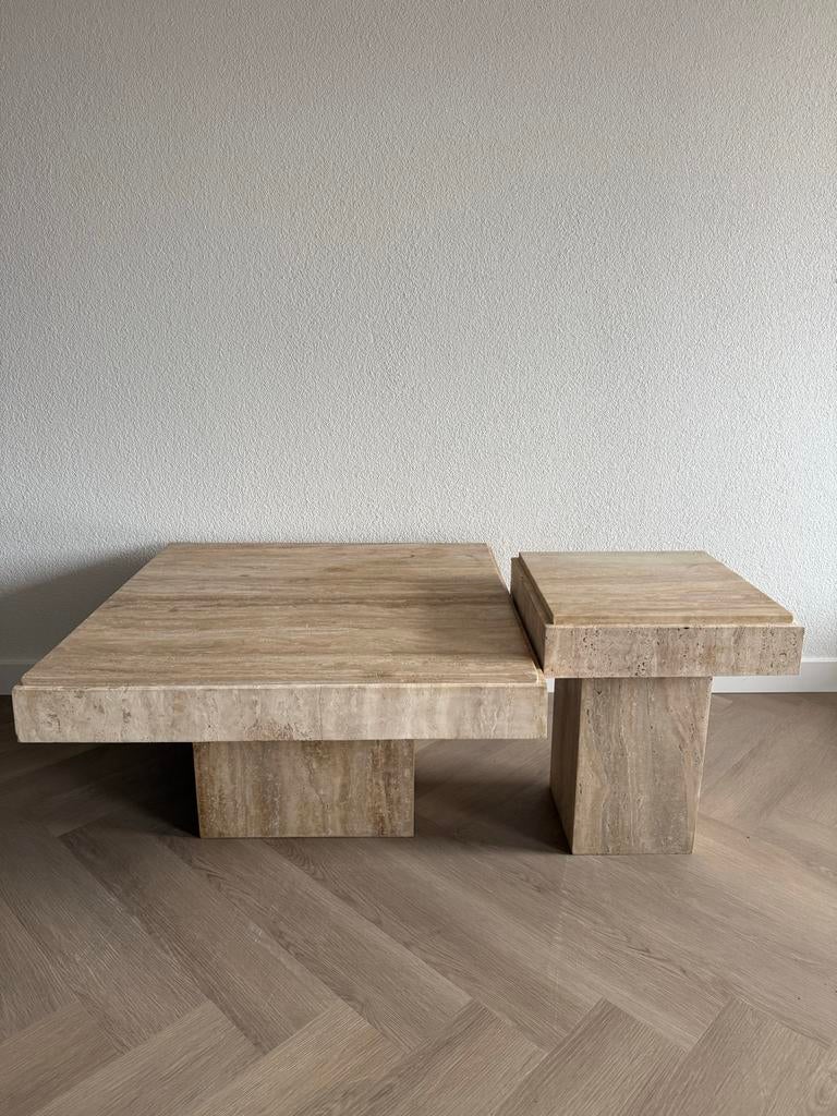 Design salontafel set travertine | NIEUW | uit collectie, Ophalen, Overige materialen, 50 tot 100 cm, Vierkant