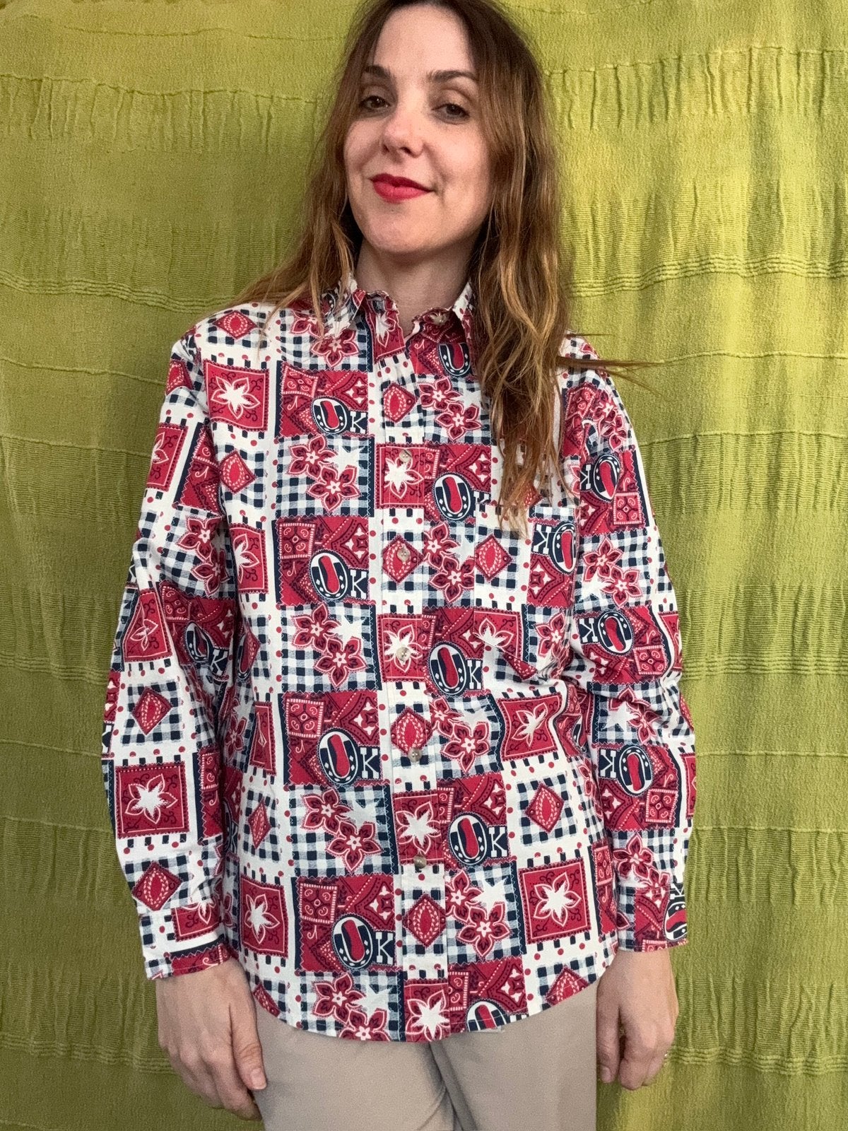 Vintage blouse - 90s - print - roze/ wit - XL/42, Hgv, Hgv, Ophalen of Verzenden, Roze