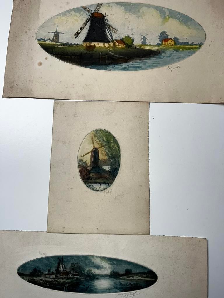 3x oude aquatint gravure handgekleurd landschap molens dijk, Antiek en Kunst, Kunst | Etsen en Gravures, Ophalen of Verzenden