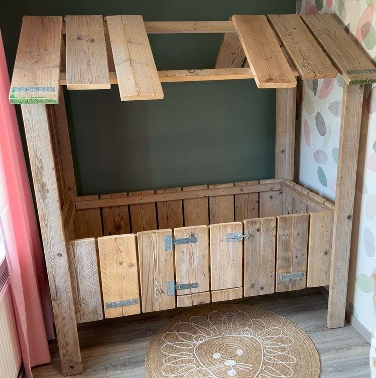 Peuterbed van steigerhout, Ophalen, 85 tot 100 cm, Zo goed als nieuw, Matras
