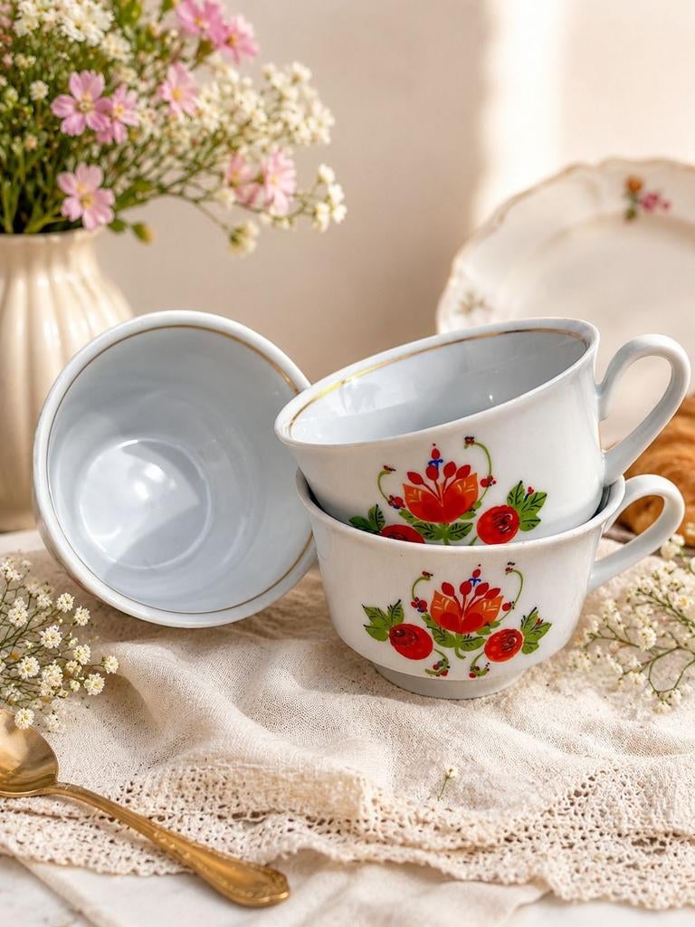 Set van 3 vintage kopjes Kahla met oranje bloemenprint, Ophalen of Verzenden
