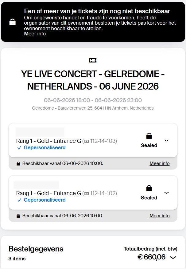 YE LIVE CONCERT TICKETS 06 JUNE, Twee personen, Juni