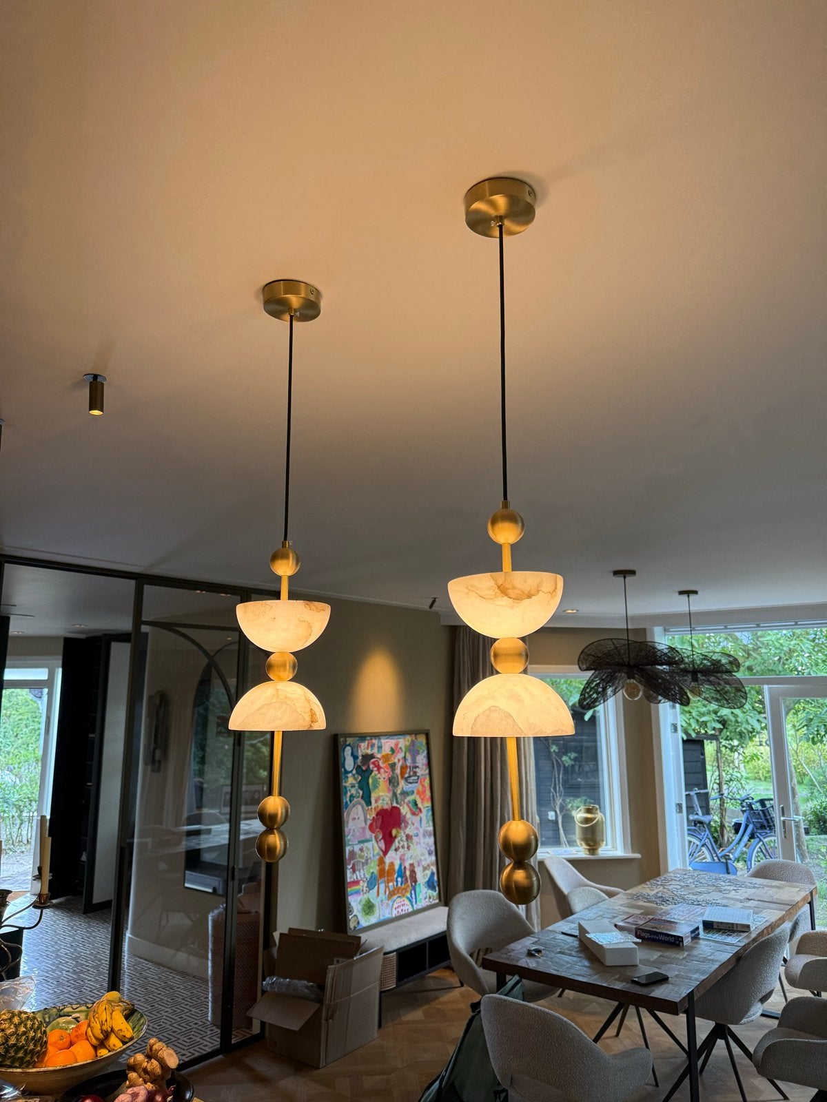 2 Luxe Marmeren Hanglampen Hourglass Duo Alabaster Pendant, Ophalen of Verzenden, Zo goed als nieuw, Metaal, Overige fittingen