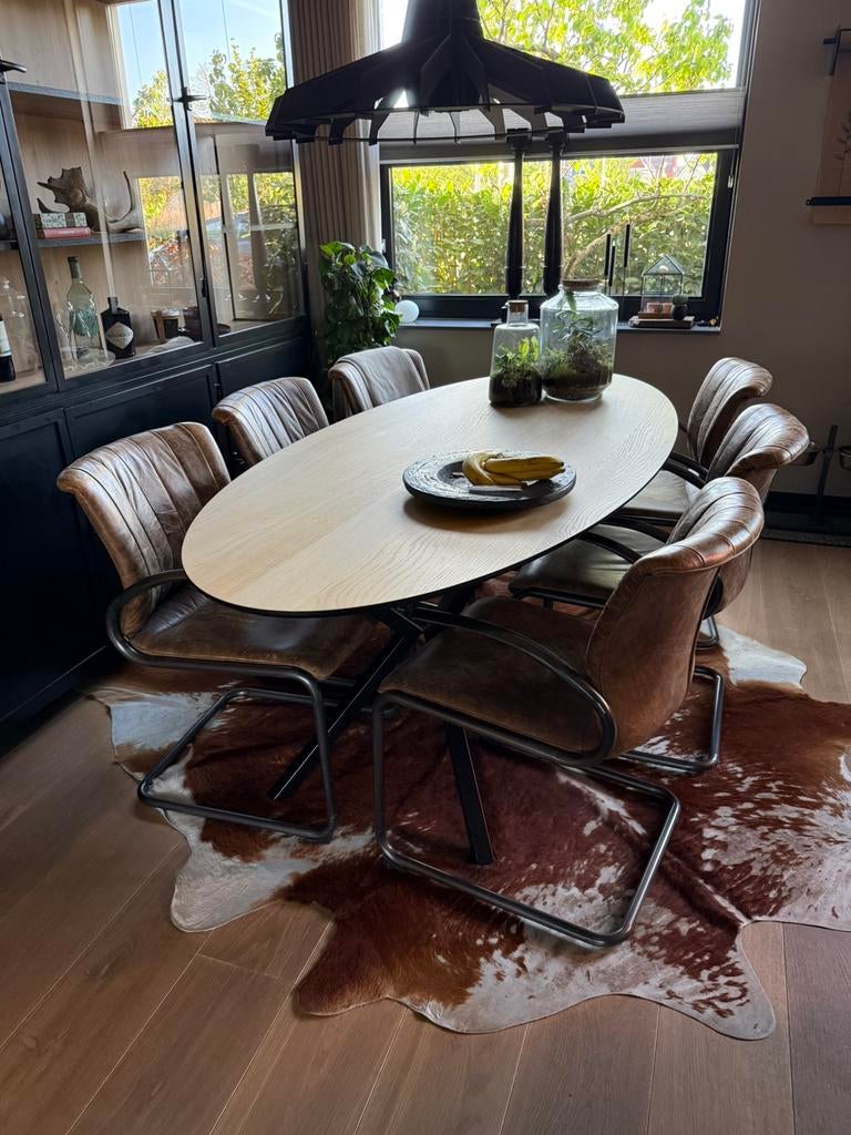 6 stuks Lederen eetkamer stoelen, bruin leer, Ophalen of Verzenden
