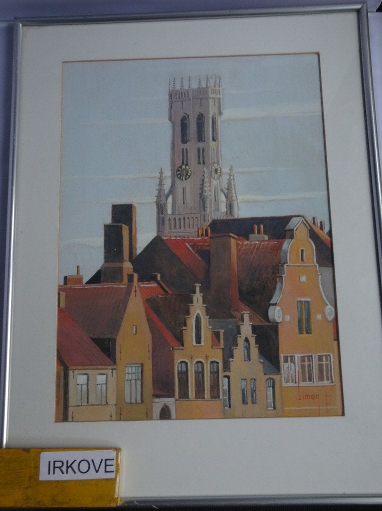 AQUAREL STADSGEZICHT MET TOREN * BRUGGE Gesigneerd *, Ophalen of Verzenden, Stads- / dorpsgezicht, Klassiek, Aquarel