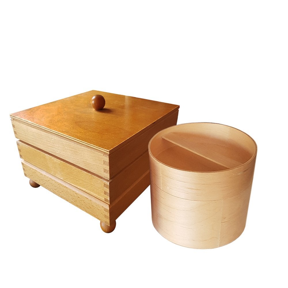 Stapelbare houten naaidoos / sieradendoos + een ronde doos, Hout, Gebruikt, -, -
