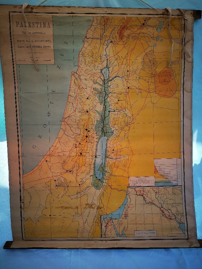 1908 Schoolplaten wereldkaart Palestina Tijd ter Aartsvaders, Antiek en Kunst, Antiek | Schoolplaten, Ophalen of Verzenden, Aardrijkskunde