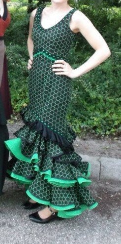 Schitterende Spaanse flamencojurk (groen-zwart), Kleding | Dames, Ophalen of Verzenden, Onbekend, Maat 34 (XS) of kleiner, Gedragen