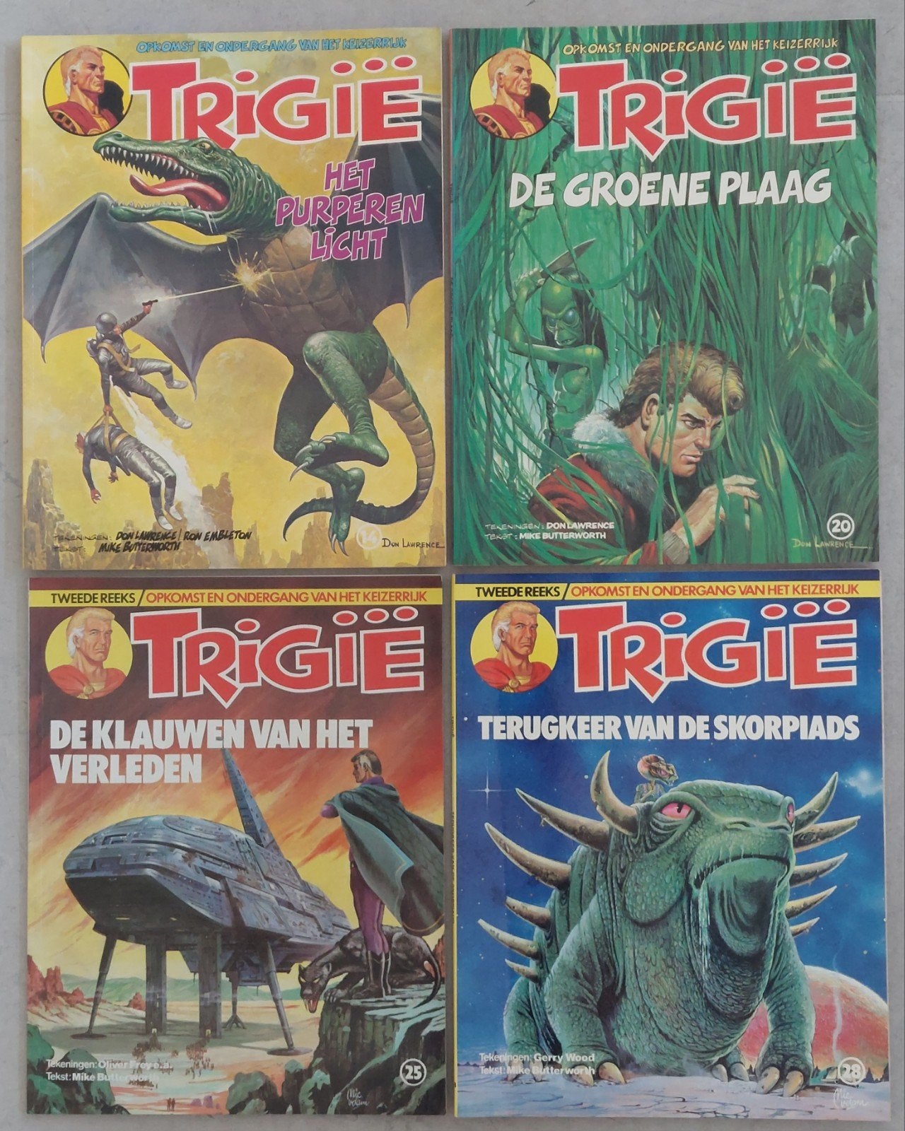 Trigië, 4 delen 1e druk, deel 14, 20, 25, 28, Gelezen, Ophalen of Verzenden, Don Lawrence, Ron Embleton, Gerry Wood, Mike Butterworth