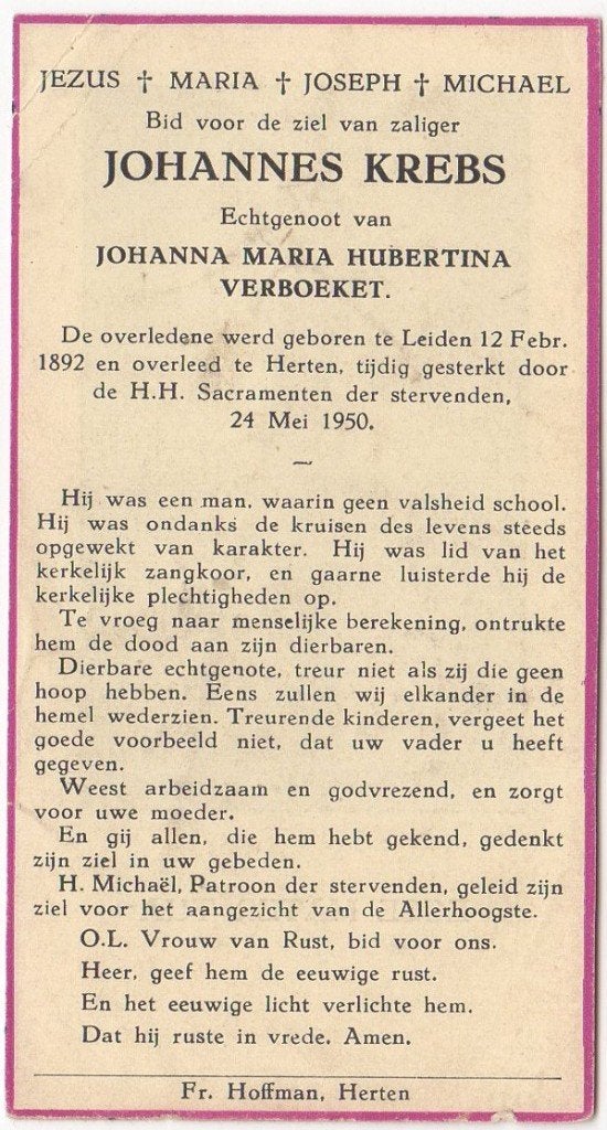 Johannes Krebs 1892 Leiden + 1950 Herten, 58 jaar oud, Verzenden