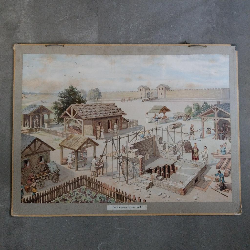 Schoolplaat De Romeinen in ons land, Antiek en Kunst, Antiek | Schoolplaten, Ophalen, Geschiedenis