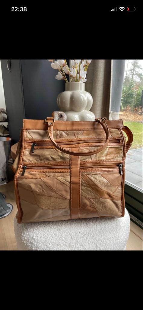 Vintage leren patchwork tas, Sieraden, Tassen en Uiterlijk, Tassen | Damestassen, Ophalen of Verzenden, Gebruikt, Bruin, Handtas