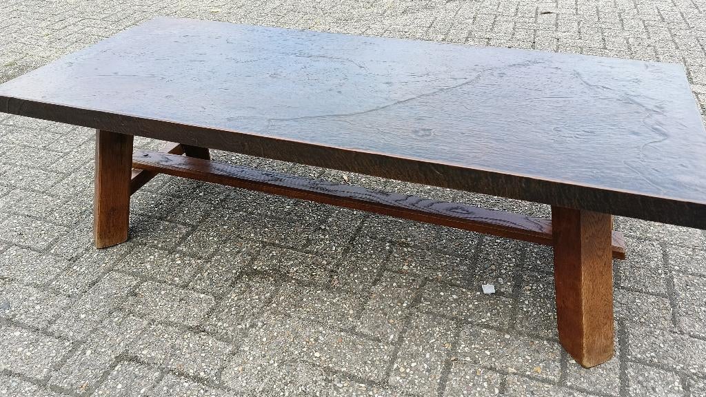 Eiken salontafel 141x61 met reliëf koperlook blad, Huis en Inrichting, Tafels | Salontafels, Gebruikt, Minder dan 50 cm, 50 tot 100 cm
