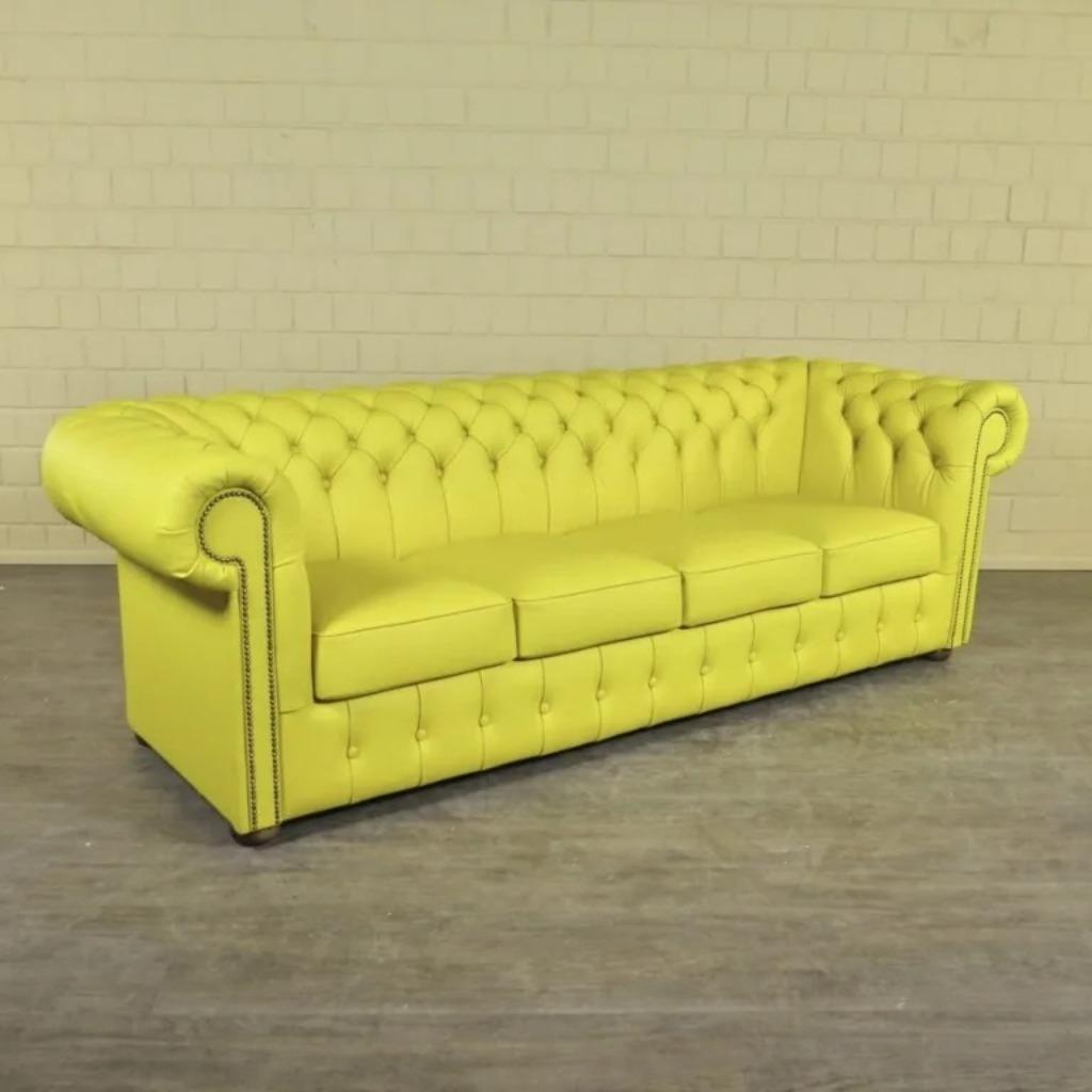 23696 Chesterfield Bank Leder Geel 2,40 m, Ophalen, Chesterfield, Nieuw, Rechte bank