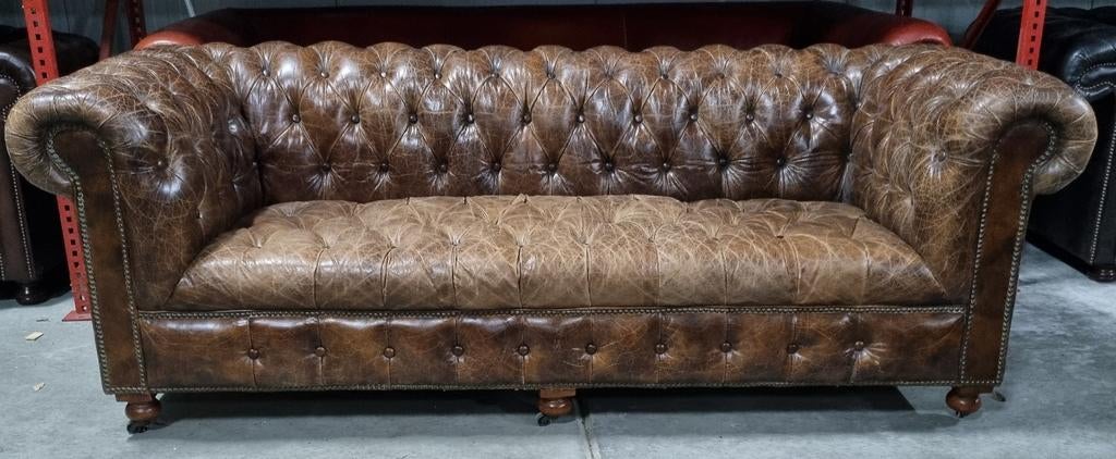 Chesterfield bank button seat VINTAGE + GRATIS BEZORGD, Gebruikt, Chesterfield, Driepersoons, Ophalen of Verzenden