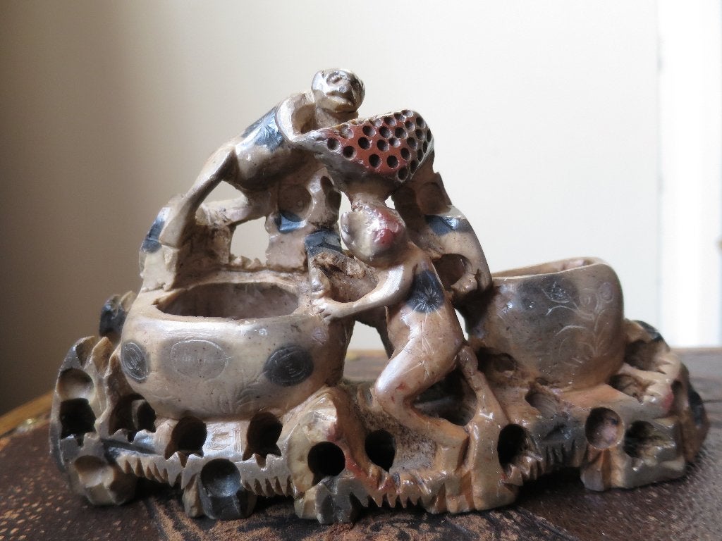 waardevol handgemaakt speksteen beeld met aapjes 19/10 cm, Ophalen of Verzenden