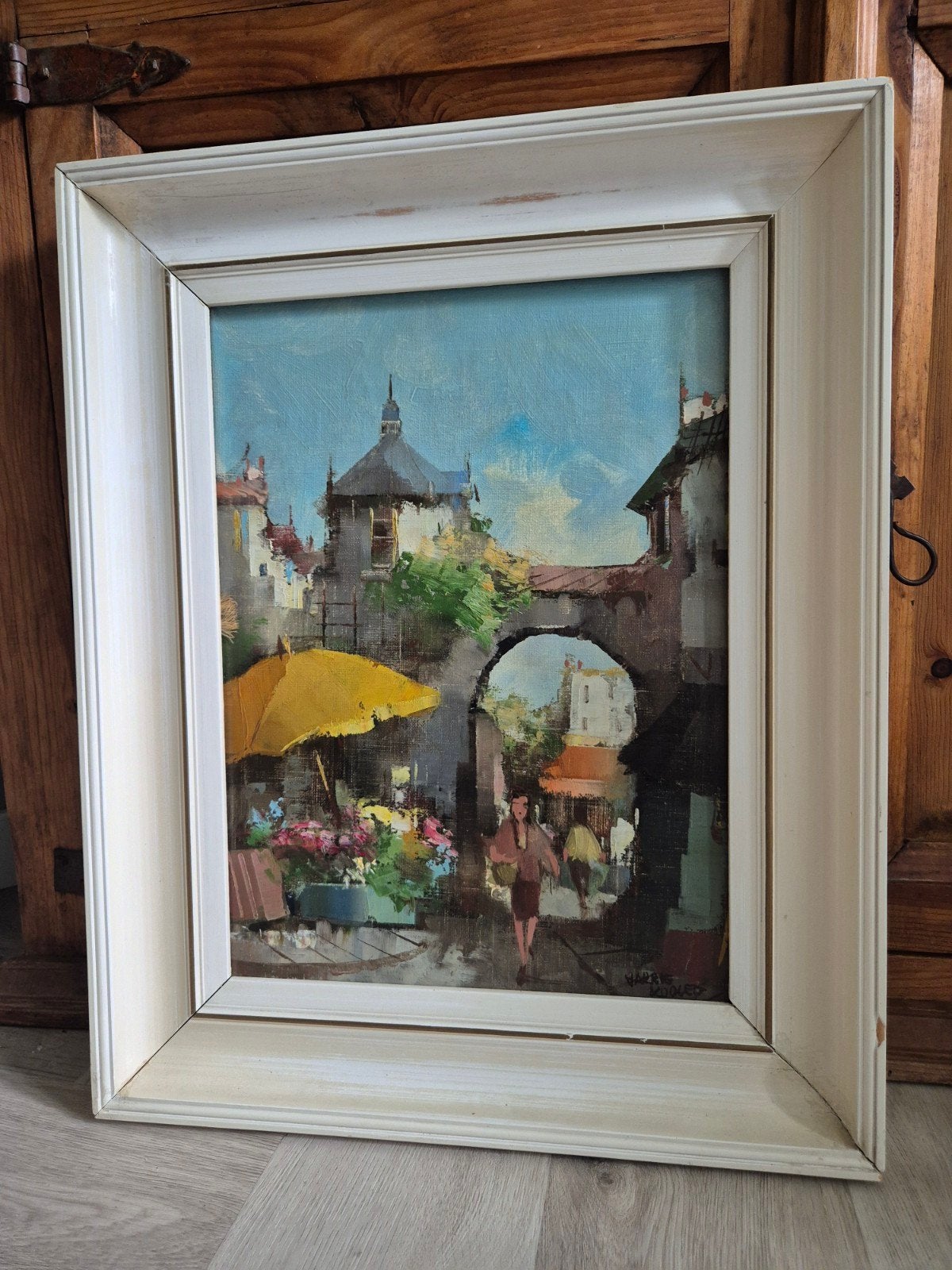 Sfeervol stadsgezicht olieverfschilderij, gesigneerd, Doek, Realistisch, Ophalen of Verzenden, Stads- / dorpsgezicht