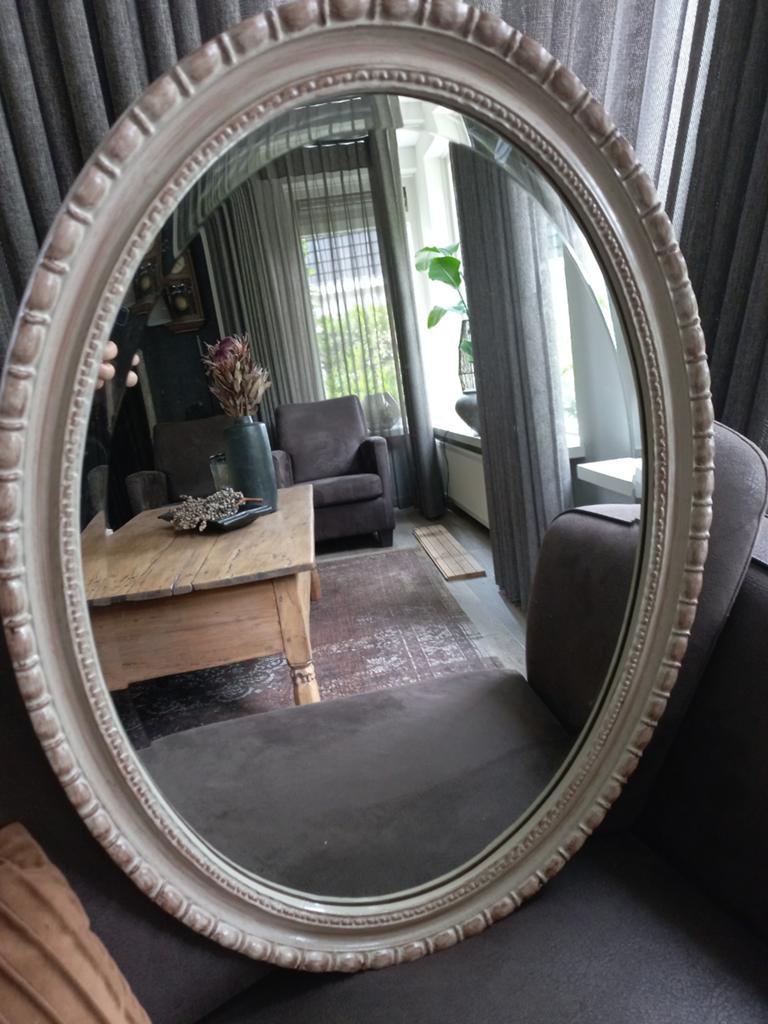 Ovale spiegel met facet geslepen glas en houten lijst, Ophalen, Ovaal, 50 tot 100 cm, Minder dan 100 cm