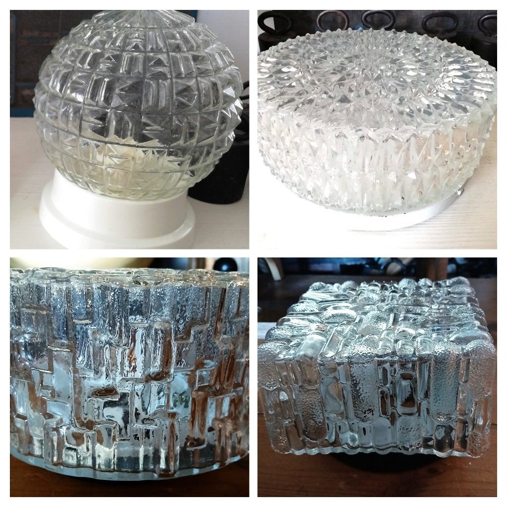 Vintage retro plafondlamp bol glas helder bewerkt diversen, Vintage, Ophalen of Verzenden, Plafondlamp, Glas