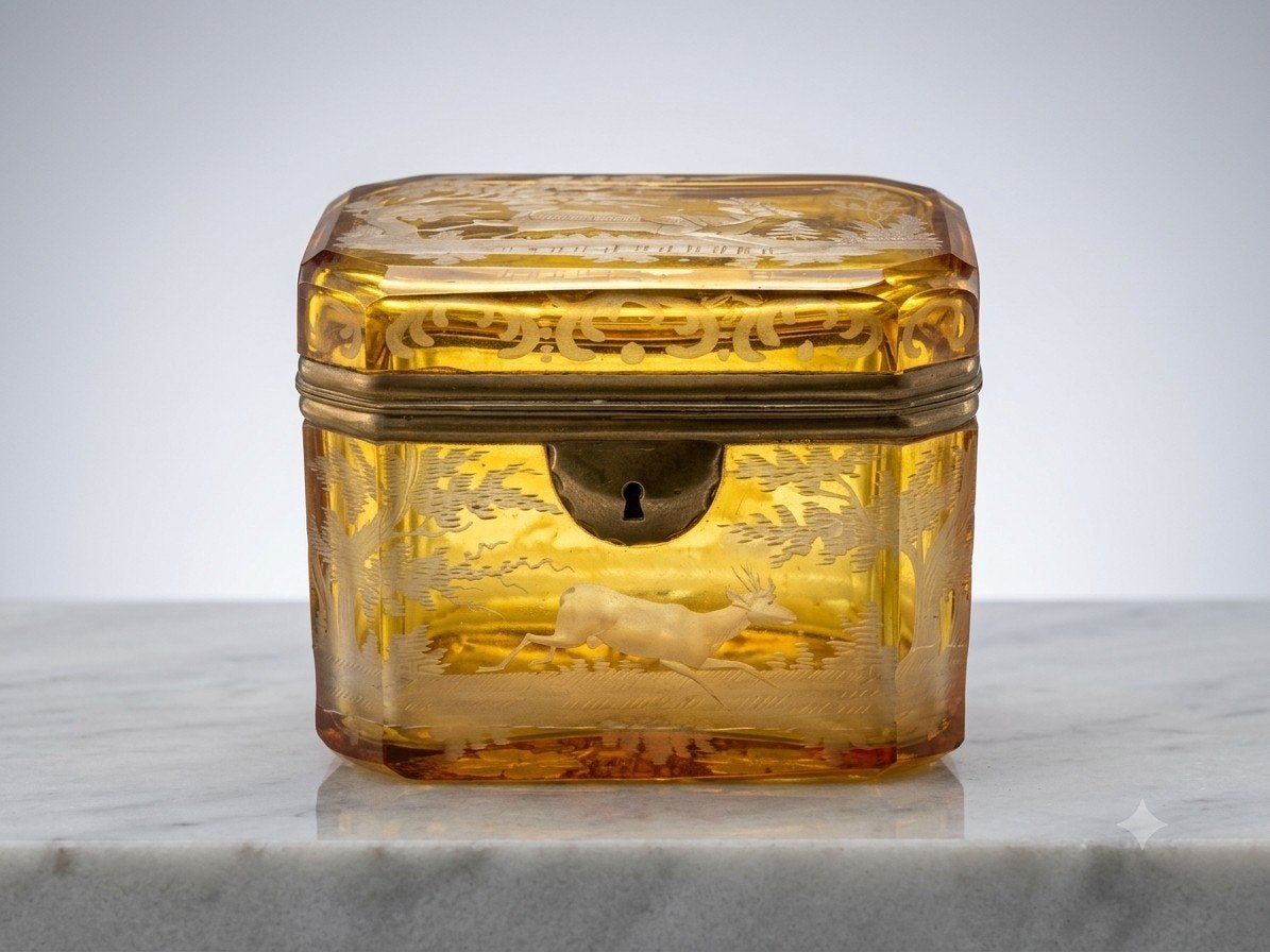 Boheemse kristallen juwelendoos met jachttaferelen, ca. 1860, Ophalen of Verzenden