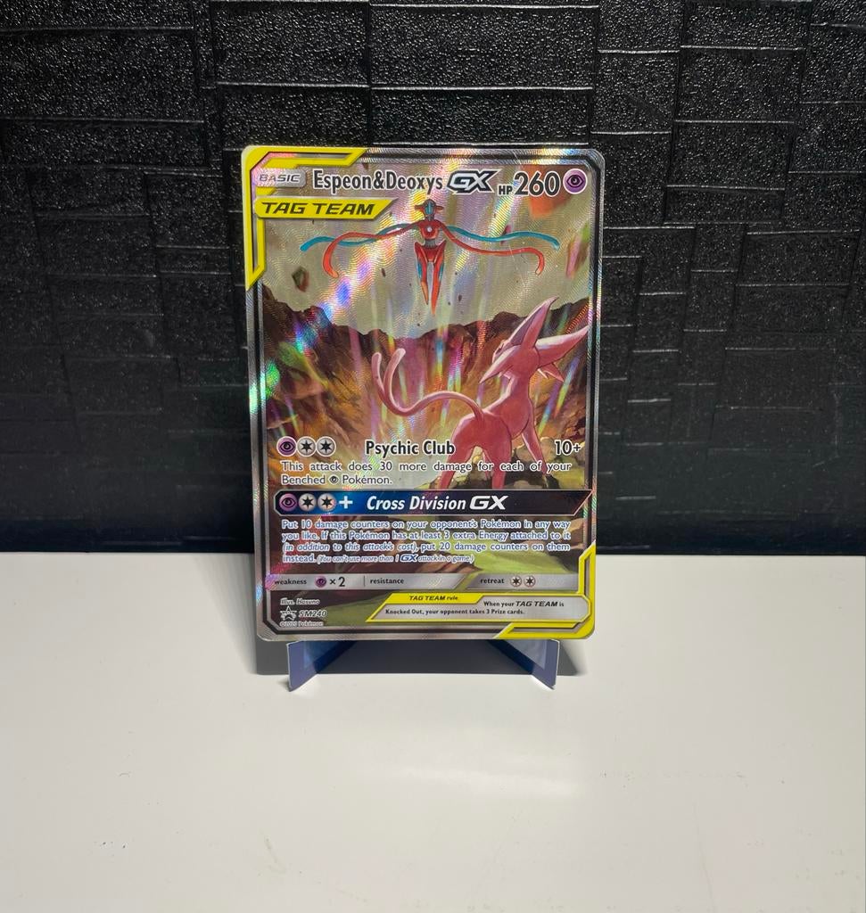 Espeon & Deoxys GX SM240 Alt Art Promo Pokémon Kaart, Ophalen of Verzenden, Gebruikt, Losse kaart, Foil