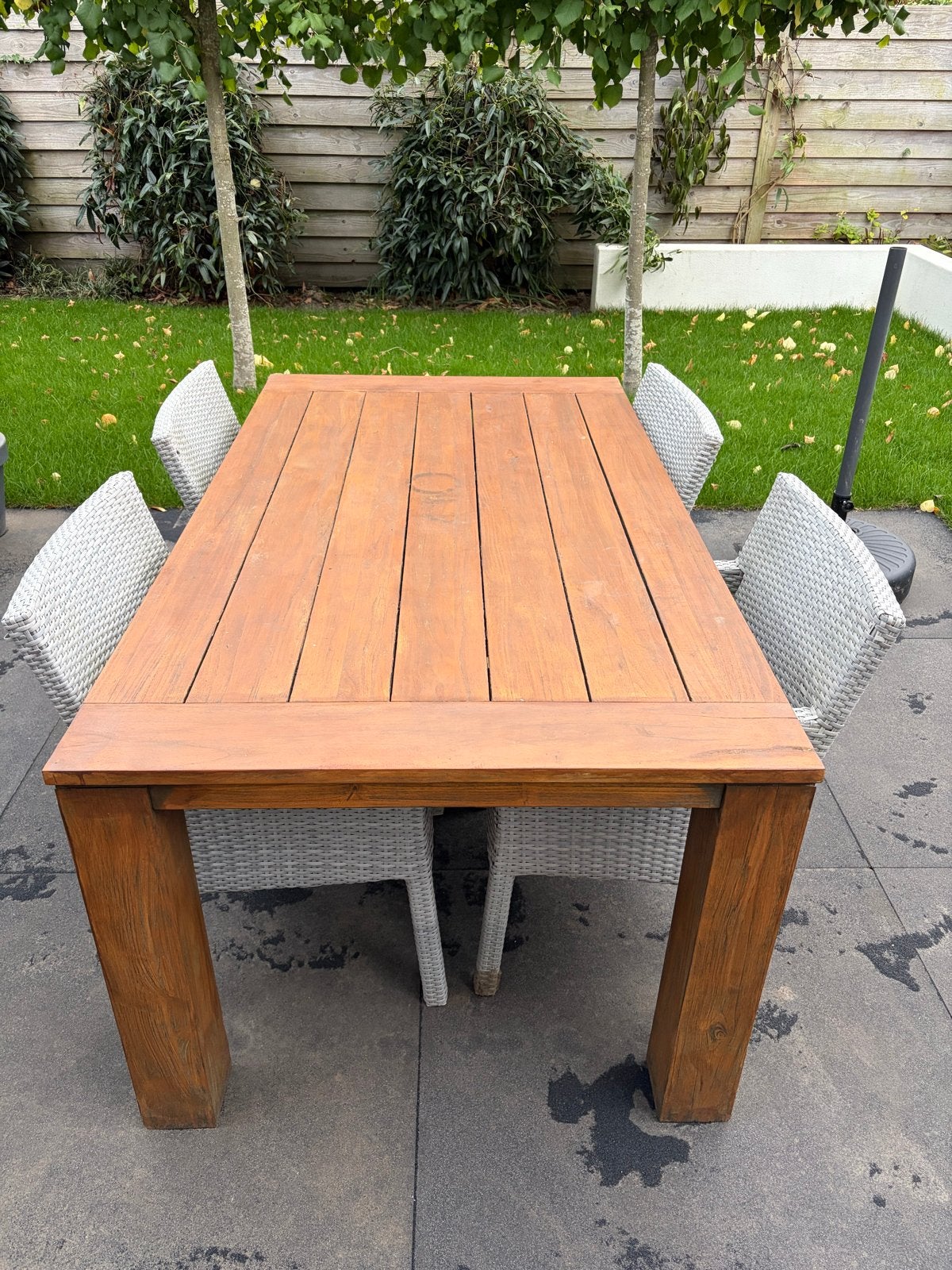 Robuuste Teakhouten Tuintafel met stoelen - Rauch, Ophalen, Gebruikt, Rechthoekig, Teakhout