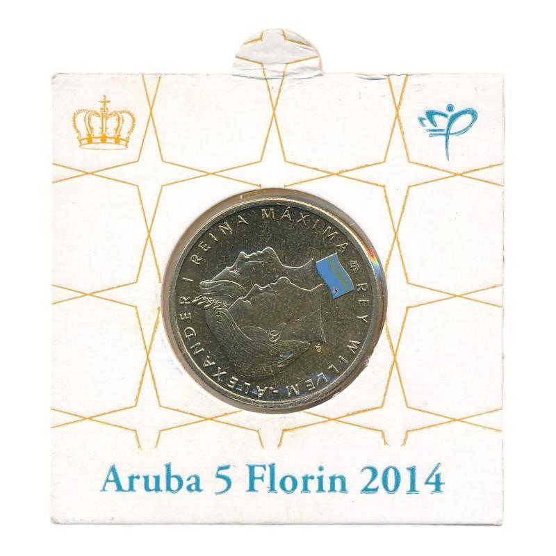 Aruba 5 Florin 2014 gekleurd, Ophalen of Verzenden, Zuid-Amerika, Losse munt