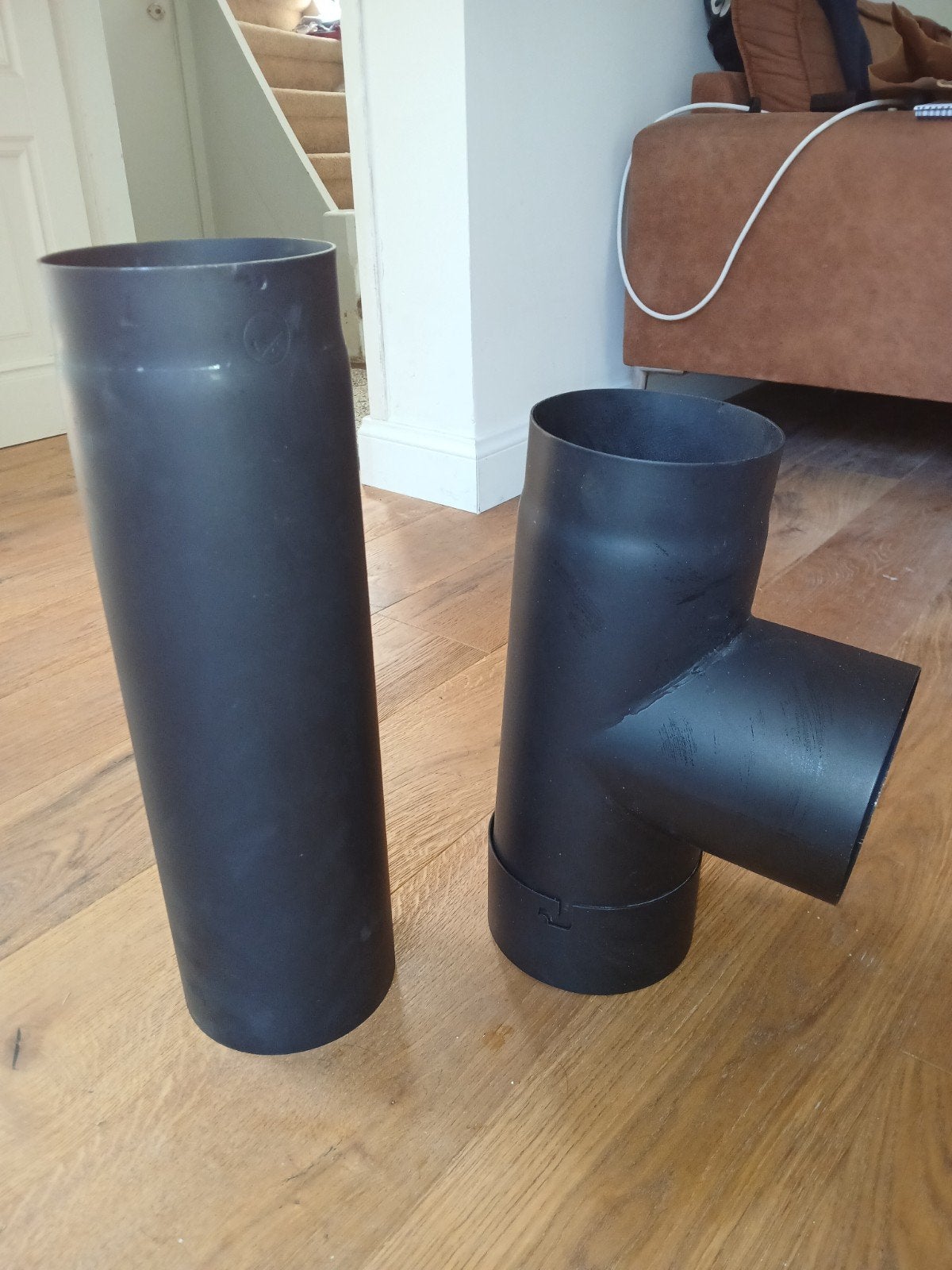 Stalen kachelpijpen (nieuw): T-stuk en rechte buis (Ø 150mm), Ophalen, Nieuw, Vrijstaande haard, Houthaard