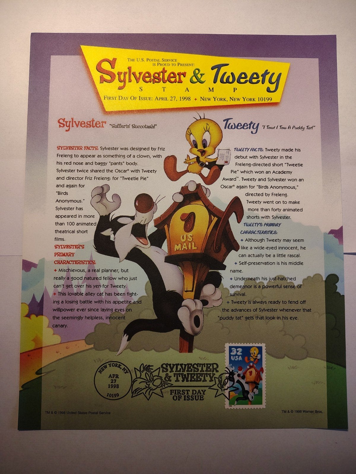 Verenigde Staten Eerstedagblad Sylvester & Tweety 1998, Ophalen of Verzenden