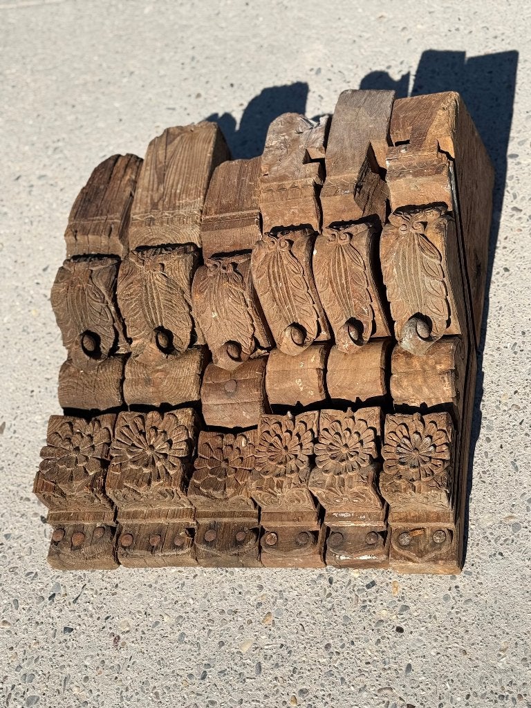 6 antieke houten ornamenten met houtsnijwerk., Antiek en Kunst, Curiosa en Brocante, Ophalen