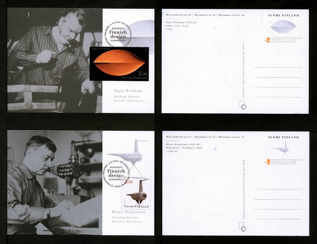 4 Maximum/FDC kaarten 'Finse Design Klassiekers' 2000, Postzegels en Munten, Ophalen of Verzenden, Finland, Gestempeld