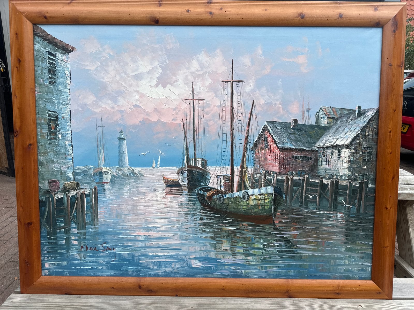 Schilderij 'Haven met vuurtoren' - Max Savy, 140x110cm, Ophalen, Maritiem / water, Doek, Realistisch