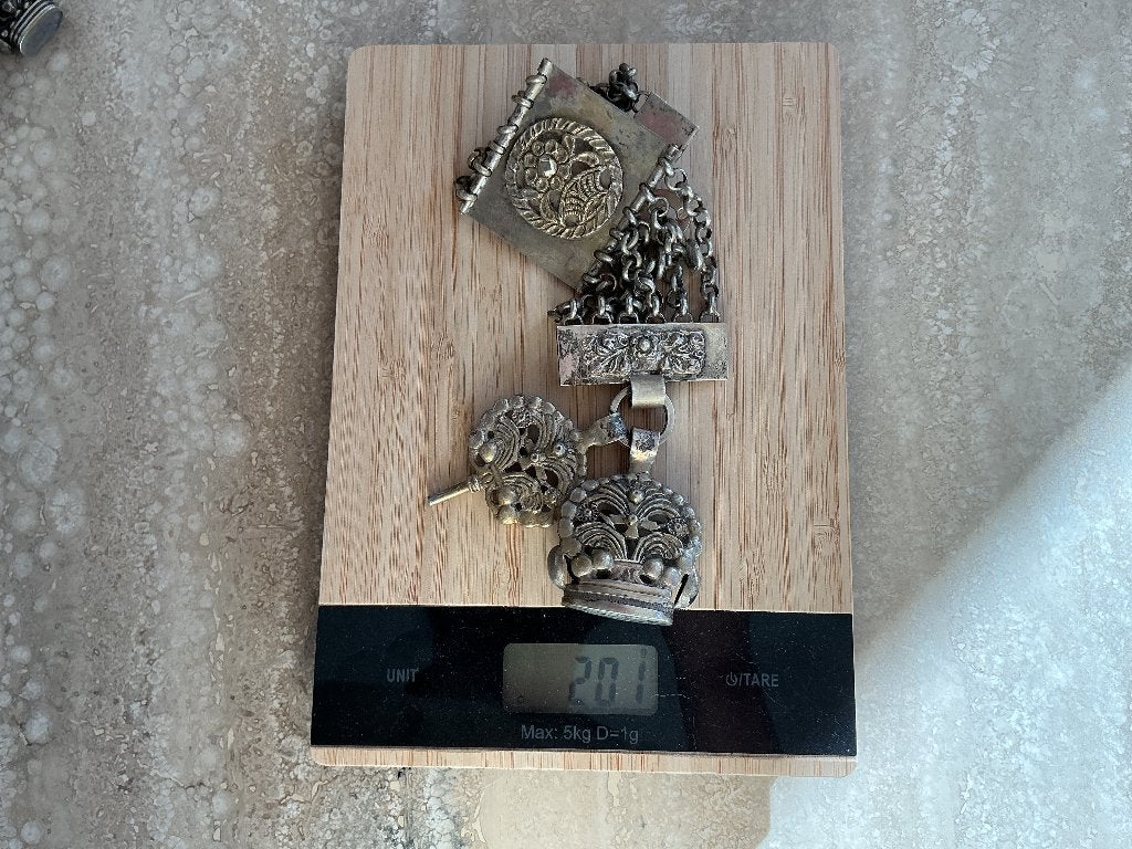 Antieke chatelaine 201 gram met lakstempel en horlogesleutel, Ophalen of Verzenden, Zilver, Ketting
