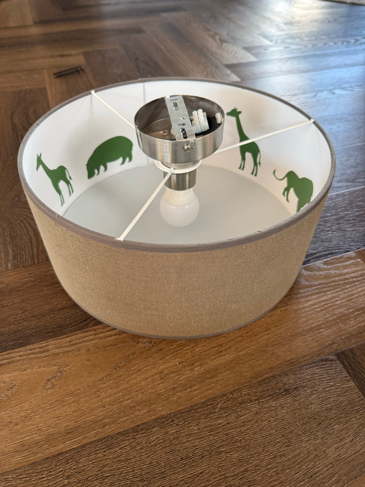 Groene plafondlamp met jungle dieren, Gebruikt, Groen, Textiel, Ophalen of Verzenden