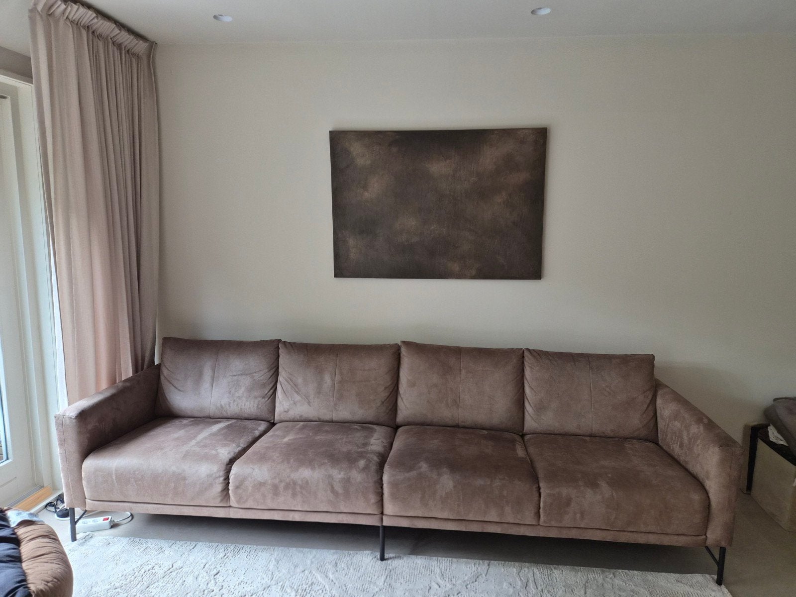 Luxe suède taupe leren bank van de Bommel (320 cm), Ophalen, 300 cm of meer, Leer, Zo goed als nieuw