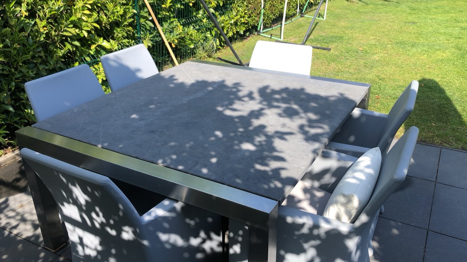 Vierkante tafel hardsteen met 8 stoelen met kussens, Ophalen, Gebruikt, Vierkant, Aluminium