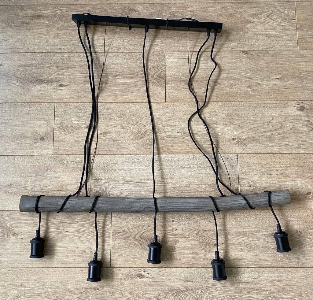 Hanglamp met houten balk en 5 E27 lampen (goudkleurig), Ophalen, E27 (groot), Zo goed als nieuw, Landelijk, Industrieel