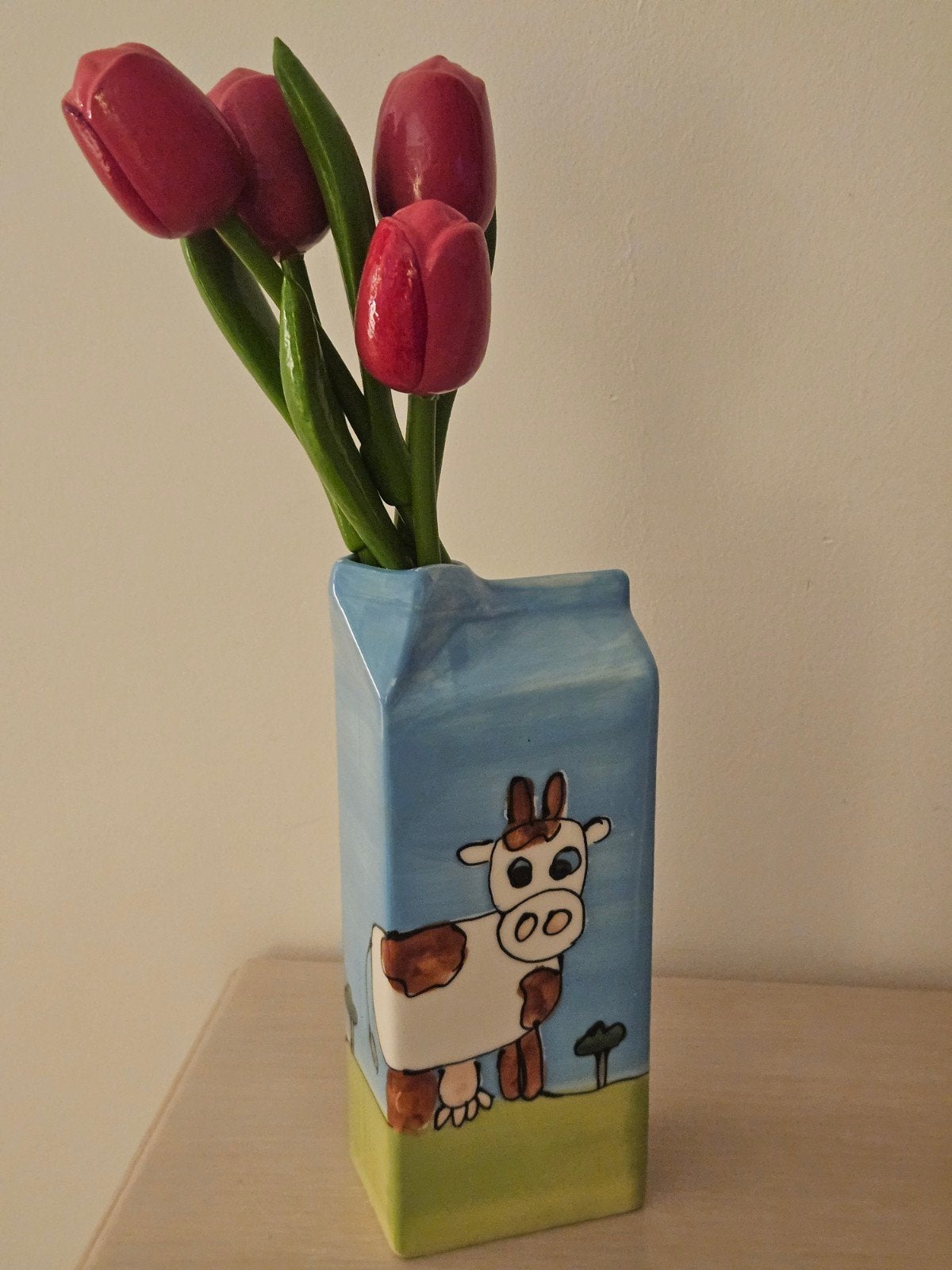 Bijzondere Keramische Vaas - Melkpak met Koeienmotief, Ophalen of Verzenden