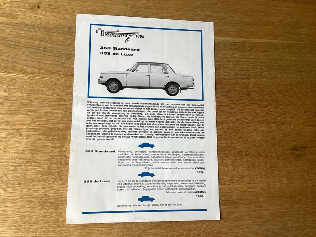 Wartburg 1000 353 Standaard De Luxe leaflet met prijslijst, Ophalen of Verzenden, Gelezen, Overige merken
