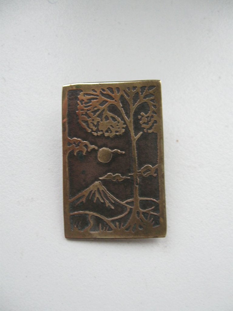 Oude broche koper messing landschapstafereel, Ophalen of Verzenden, Gebruikt, Goud, Overige materialen