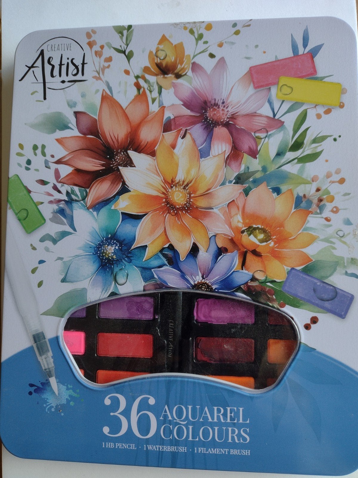 36 aquarel colours waterverf creative artist in metalen doos, Ophalen, Zo goed als nieuw, Waterverf