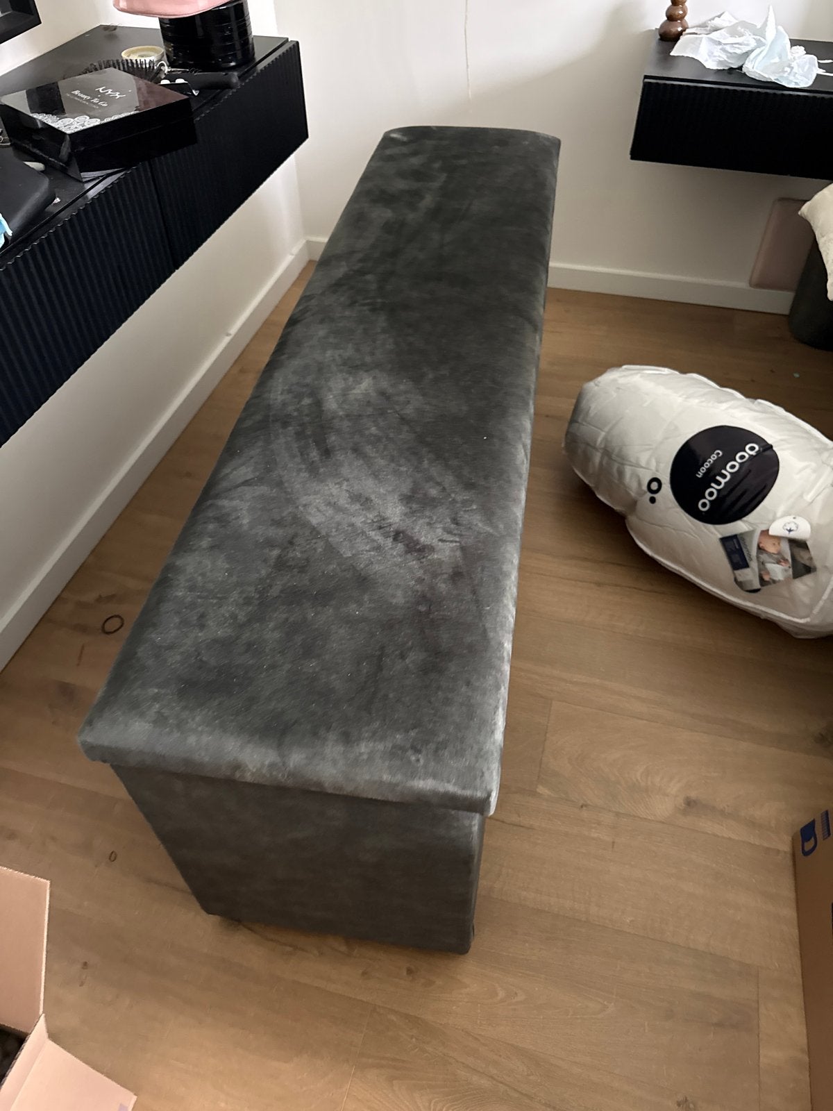 MOET WEG - Groene fluwelen opbergbank/poef, Ophalen, Gebruikt, 125 cm of meer, Stof